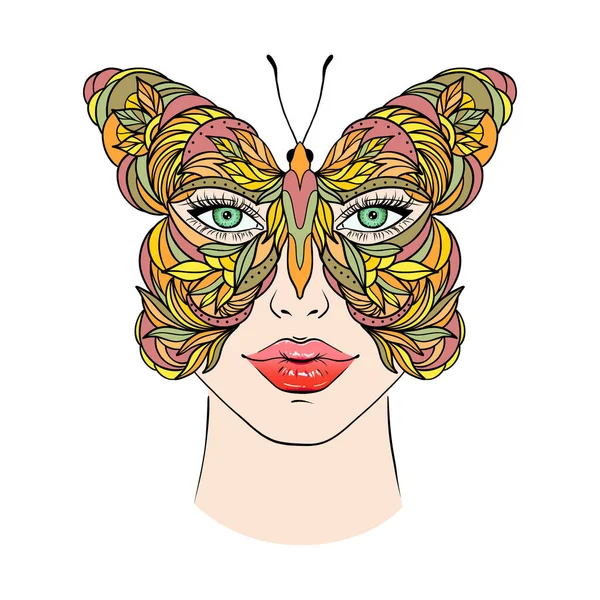 Butterfly Woman Face Hand Drawn Illustration —  Vetores de Stock