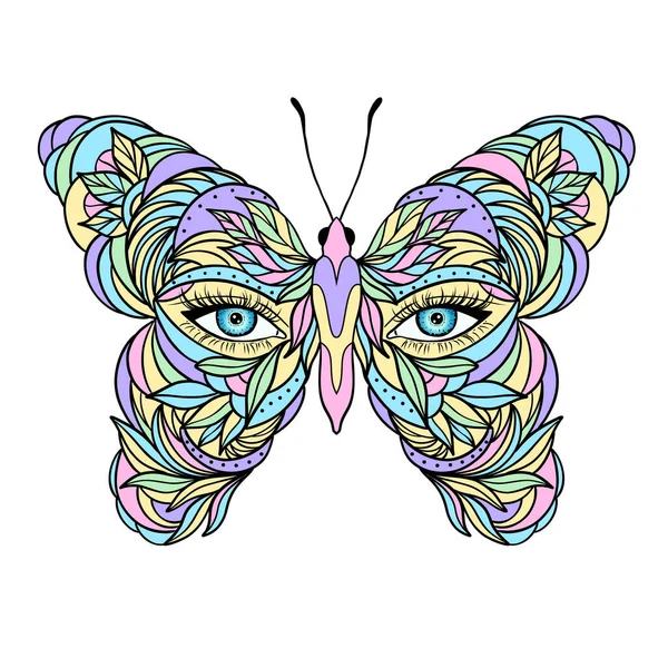 Schmetterling Mit Weiblichen Augen Handgezeichnete Illustration Auf Weißem Hintergrund — Stockvektor