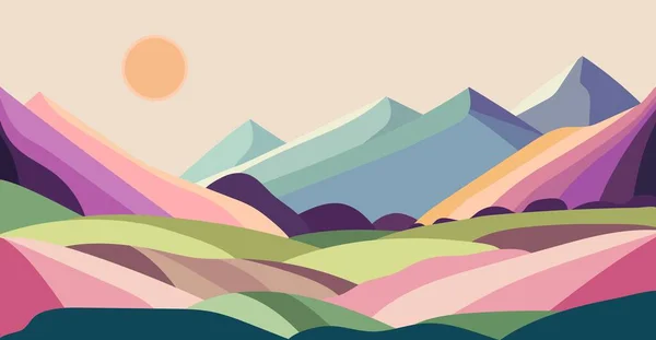 Paysage Vectoriel Coloré Avec Montagnes Champs Dans Style Minimalisme — Image vectorielle