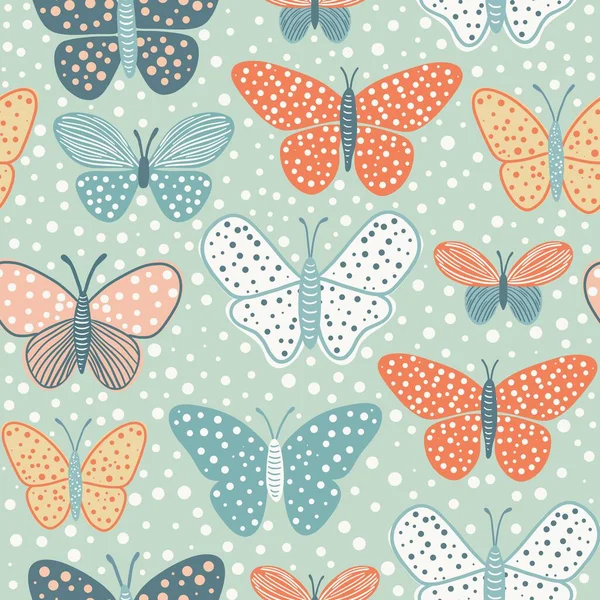 Nahtloses Muster Mit Schmetterlingen Auf Mint Hintergrund — Stockvektor