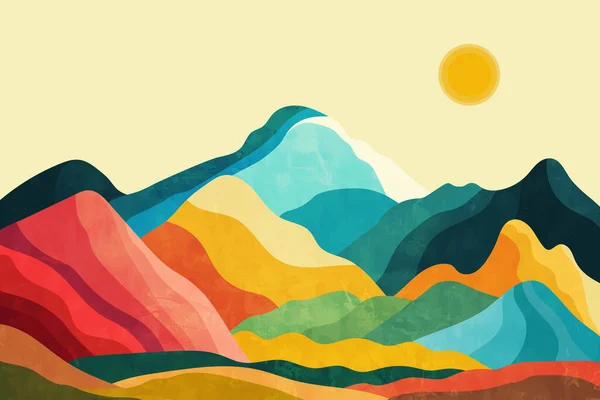Paysage Vectoriel Coloré Avec Montagnes Champs Dans Style Minimalisme — Image vectorielle