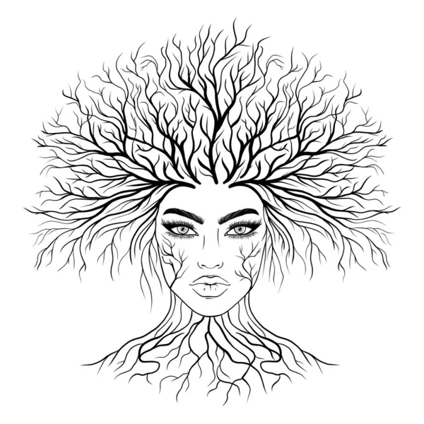 Twarz Kobiety Rosnącym Drzewem Głowie Grafika Wektorowa