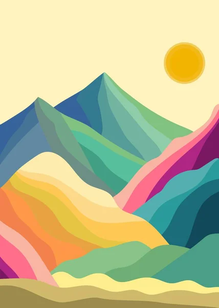 Paisagem Vetorial Colorida Com Montanhas Campos Estilo Minimalismo Ilustração De Stock