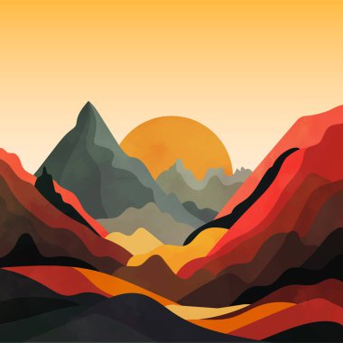 Minimalist tarzda dağları ve tepeleri olan soyut bir manzara.