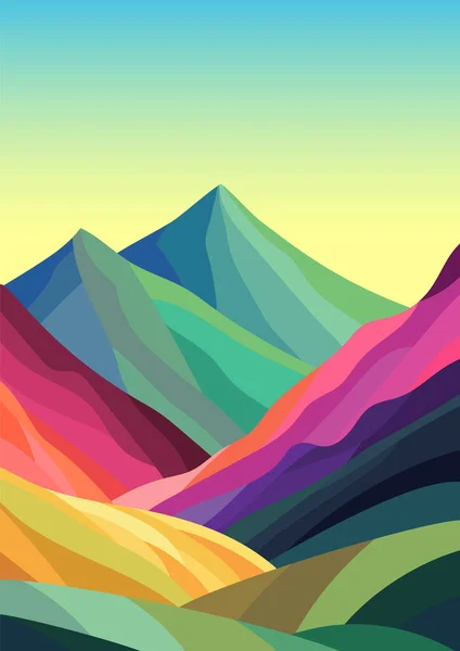Paysage Coloré Avec Des Montagnes Colorées Soleil Dans Style Minimaliste — Image vectorielle