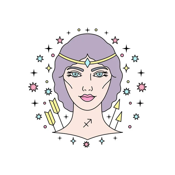 Sagittarius Zvěrokruh Znamení Ženskou Tváří Lineárním Stylu Ilustraci Můžete Použít — Stockový vektor