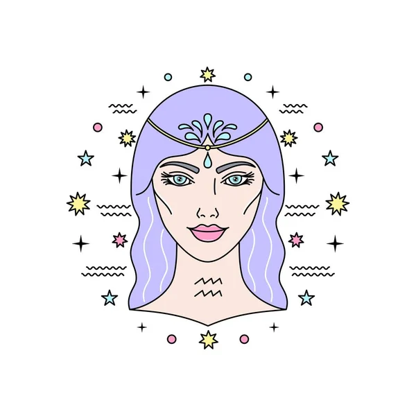 Verseau Signe Zodiaque Avec Visage Féminin Dans Style Linéaire Illustration — Image vectorielle
