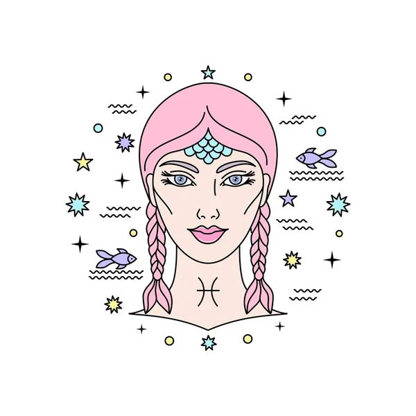Znak Zodiaku Piscas Kobiecą Twarzą Liniowym Stylu Ilustracja Wektora Izolowana — Wektor stockowy