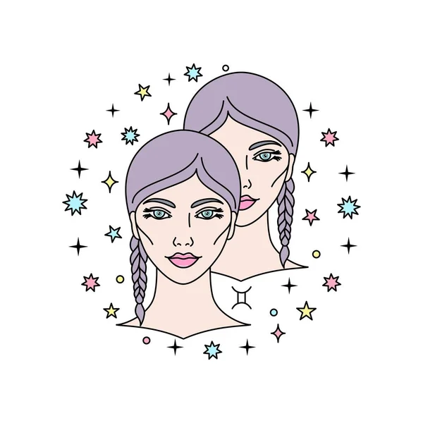 Zwillinge Tierkreiszeichen Mit Weiblichem Gesicht Linearem Stil Die Illustration Kann — Stockvektor