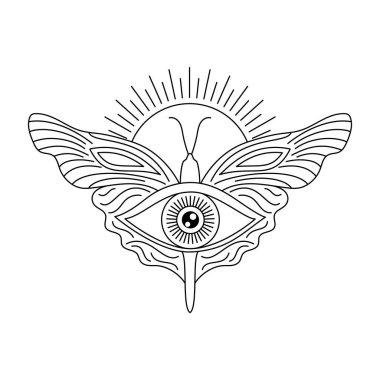 Hepsi gözü ve kelebeği görüyor. Beyaz arkaplan üzerinde doğrusal düz biçiminde grafik simgesi.