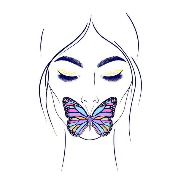 Woman Face Butterfly Her Lips Fashion Illustration —  Vetores de Stock