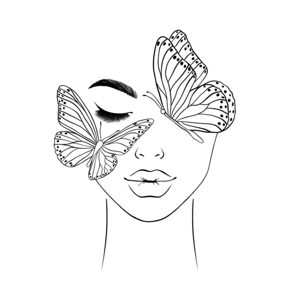 Kadınların Gözleri Kapalıdır Yüzünde Kelebekler Uçuşur Çizimi Illüstrasyon — Stok Vektör