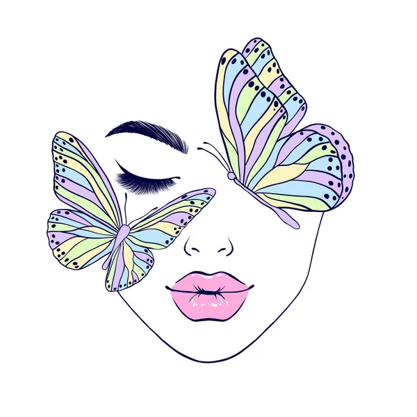Žena Zavřenýma Očima Motýli Její Tváři Ručně Kreslená Ilustrace — Stockový vektor
