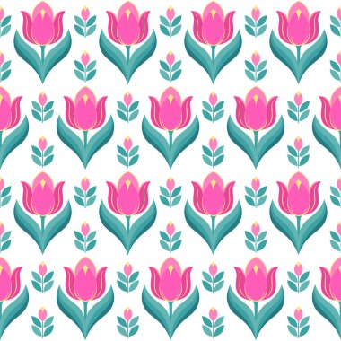 Beyaz arka planda parlak laleleri olan kusursuz bir şablon. Bu şablon ile herhangi bir giysi, duvar kağıdı ve diğer şeyleri yapabilirsiniz..