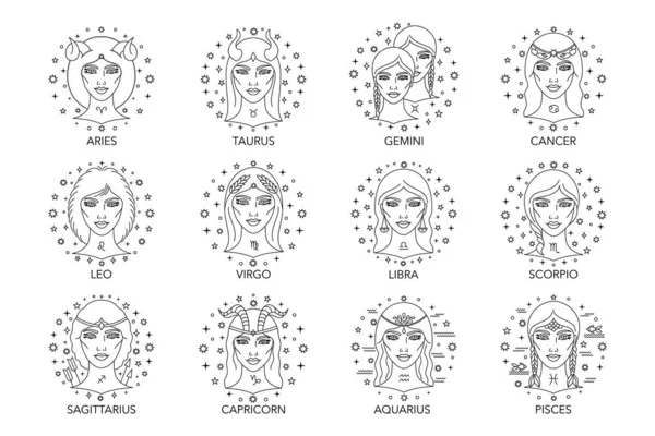 Коллекция Векторных Знаков Зодиака Женскими Лицами — стоковый вектор