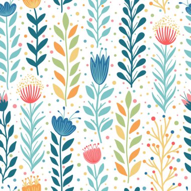 Beyaz arka planda çiçeklerle ve bitkilerle kusursuz bir desen. Bu şablonla istediğin kıyafeti, duvar kağıtlarını ve diğer şeyleri yapabilirsin..