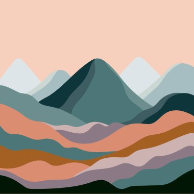 Minimalist tarzda dağları ve tepeleri olan soyut bir manzara.