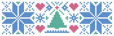 Beyaz arkaplanda çapraz dikiş biçiminde Noel deseni.