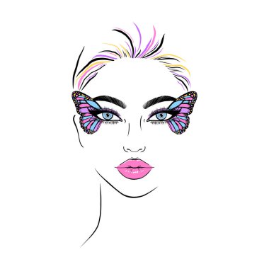 Kelebek kanatları makyajlı genç bir kadın. Modern moda illüstrasyonu