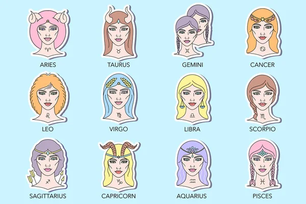 Collection Signes Vectoriels Zodiaque Avec Visages Féminins — Image vectorielle