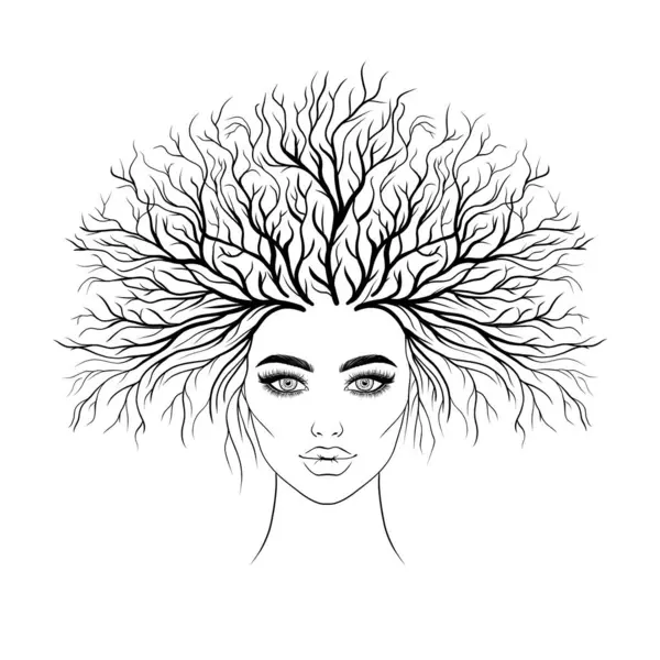 Лицо Женщины Растущим Деревом Голове — стоковый вектор