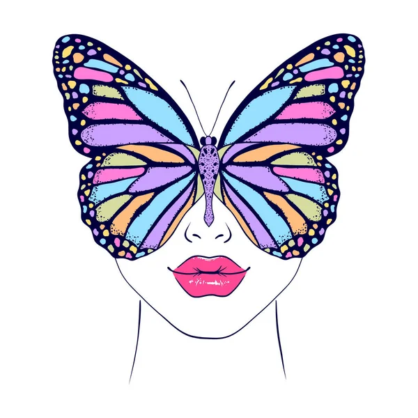 Mariposa Cara Femenina Ilustración Dibujada Mano — Vector de stock
