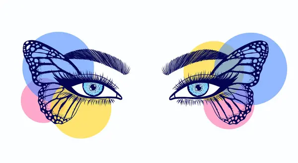 Colagem Com Olhos Femininos Decorados Com Asas Borboleta Círculos Coloridos — Vetor de Stock