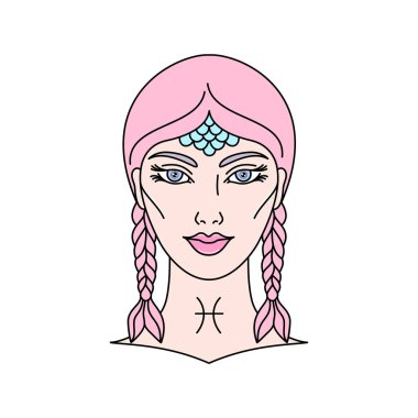 Çizgisel stili kadın yüzlü Piscas burcu. Beyaz arkaplanda izole edilmiş vektör illüstrasyonu. Resim, grafik, web tasarımı ve illüstrasyonlarla ilgili projelerinizde kullanılabilir.