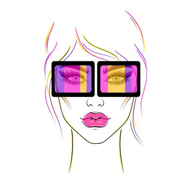 Beyaz arka planda büyük gözlüklü genç bir kadının portresi..