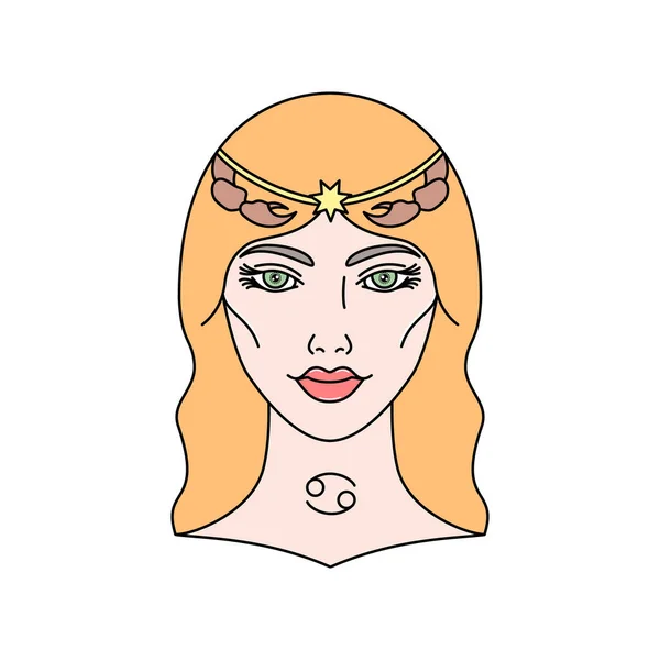 Znak Zodiaku Nowotworowego Kobiecą Twarzą Stylu Liniowym Ilustracja Wektora Odizolowana — Wektor stockowy