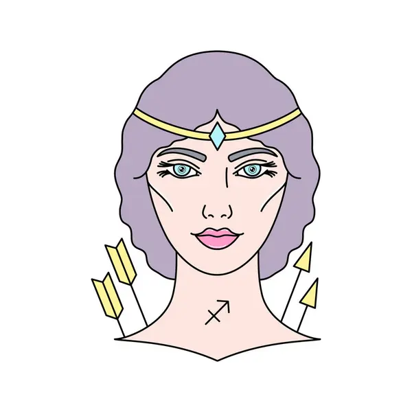 Signe Zodiaque Sagittaire Avec Visage Féminin Style Linéaire Illustration Vectorielle — Image vectorielle