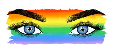 lgbt toplumunun bayrağının arka planında kadınların gözleri var.