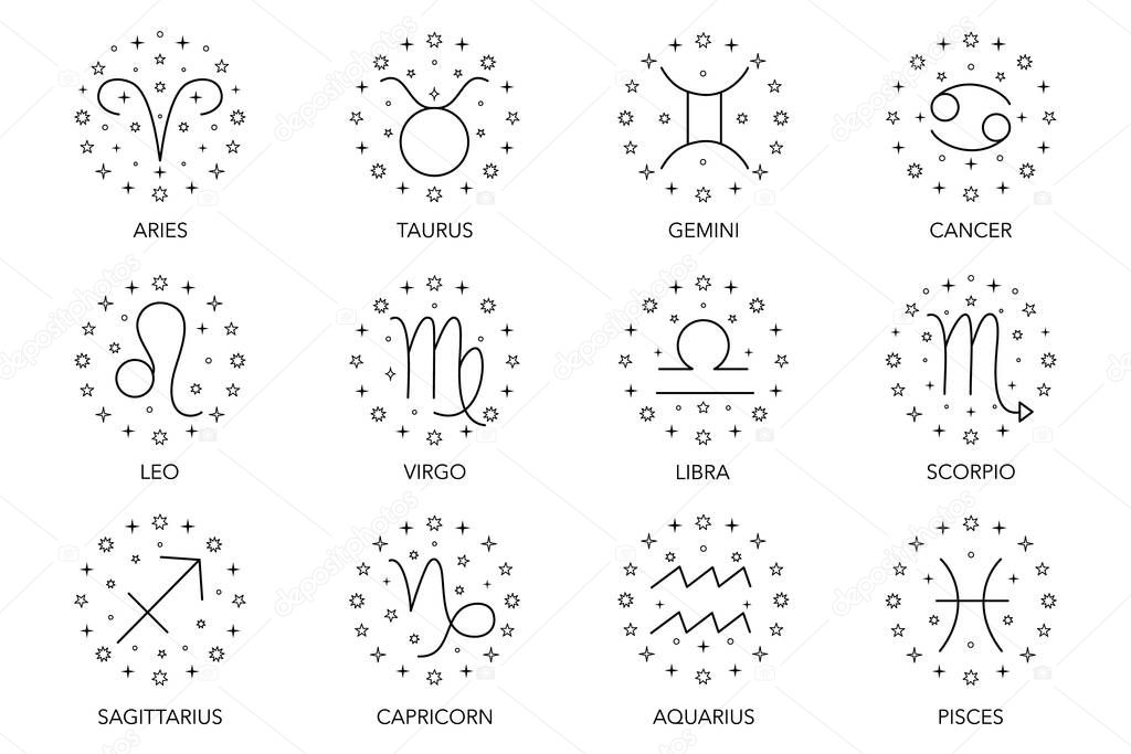 Collection of symbols of zodiac sign on white background.