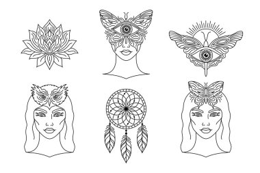 Sanat tarzında esrarengiz koleksiyon. Cadılar, düş kapanı, üçüncü gözler, mistik kelebek. Kartlar, logolar, dövmeler, web siteleri veya mistik ürünler için tasarımlar yapmak için mükemmel.