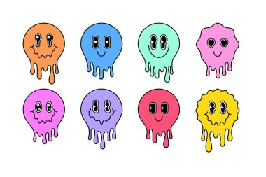 Çizgi film tarzında eriyen emoji seti. Çizgi sanatı.