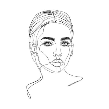 Beyaz arkaplanda çizim çizgisi tarzında kadın yüzü.