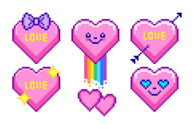 Beyaz arkaplanda piksel resim tarzında kalpler kümesi.