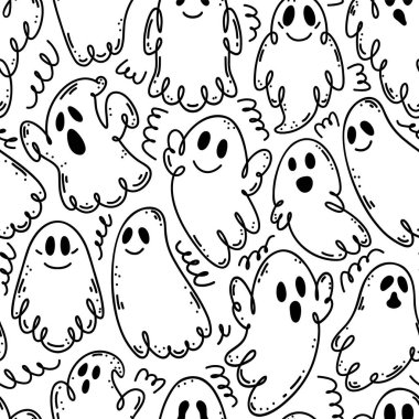 Beyaz arkaplanda karalama tarzında hayaletler olan kusursuz desen.