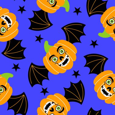 Kusursuz desenli Cadılar Bayramı balkabaklarıyla mor arka planda yarasa kanatları.