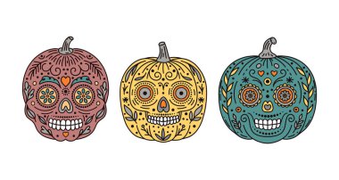 Geleneksel Meksika bayramı yüzlü Cadılar Bayramı balkabakları. Beyaz arka planda ölüler günü..