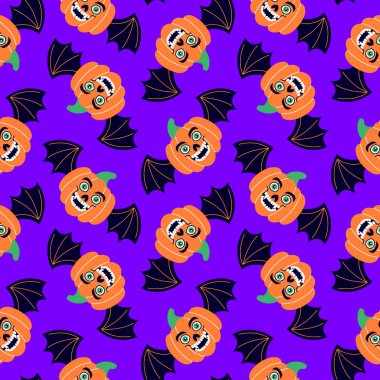 Kusursuz desenli Cadılar Bayramı balkabaklarıyla mor arka planda yarasa kanatları.
