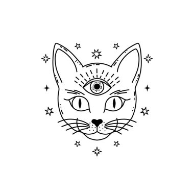 Beyaz arka planda karalama tarzında mistik gözleri olan kedi..