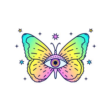 Beyaz arka planda karalama tarzında mistik gözlü kelebek..