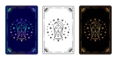 Başak burcu işaretli üç tarot kartı seti siyah beyaz ve siyah varyasyonlar üzerine altın.