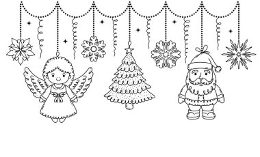 Beyaz arka planda karalama tarzı oyuncaklarla Noel çelengi.