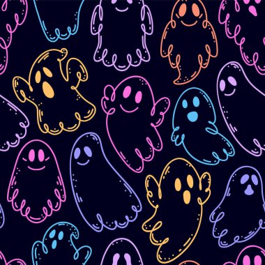 Siyah arkaplanda sevimli hayaletler olan kusursuz bir desen..