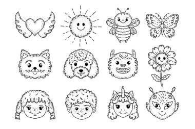 Beyaz arkaplanda karalama tarzında komik karakterler kümesi.