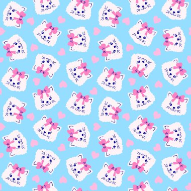 Mavi arka planda kedi yüzleri ve kalpleri olan kusursuz bir desen..