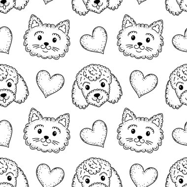 Beyaz arka planda kedi ve köpek yüzleri olan kusursuz karalama deseni.