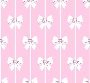 Yumuşak pembe bir arka planda dikey çizgiler halinde dizilmiş beyaz fiyonklu kusursuz desen.